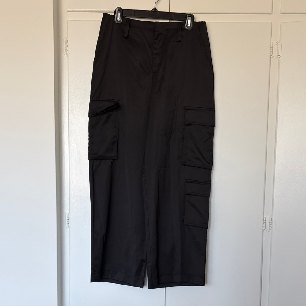 Zara Black Silk Cargo Wide-Leg Pants